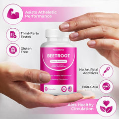 Nutrathrive beetroot capsules with glass of water showing easy daily intake