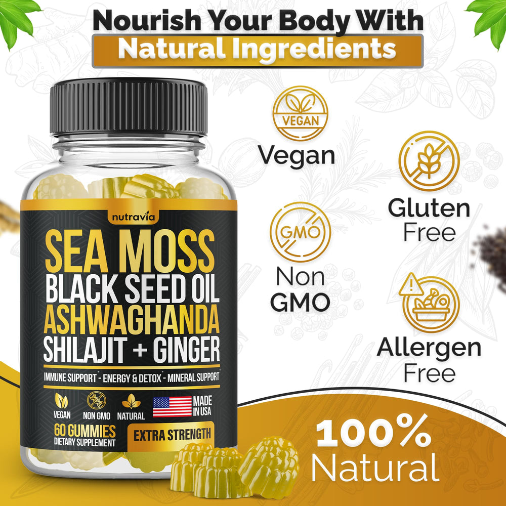 Nutravia Sea Moss Gummies label close-up highlights potent sea-moss blend.