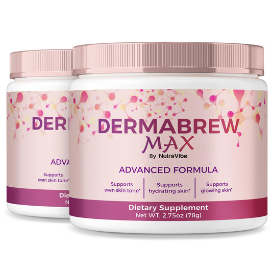 NutraVibe DermaBrew Max powder bottle ready for daily hydration.