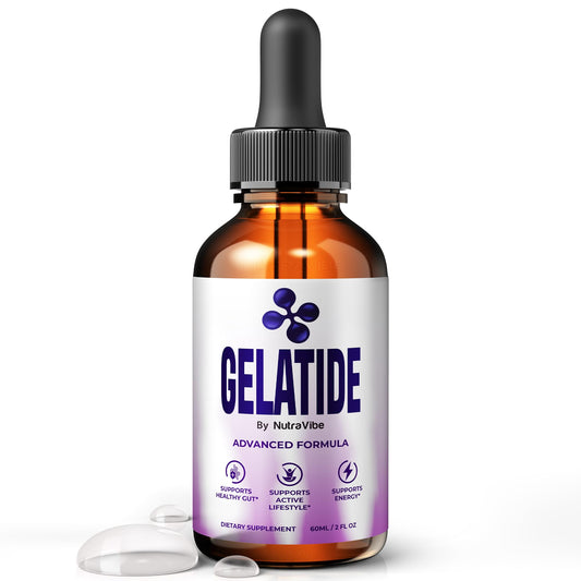NutraVibe Gelatide Drops bottle close-up for premium balance support