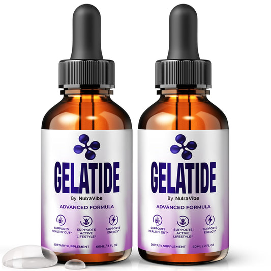 NutraVibe Gelatide Drops bottle on desk, showing easy sublingual use