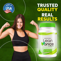 NutraVibe LeanVance bottle next to a glass of water after a workout