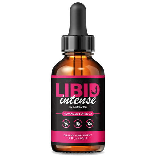 NutraVibe Libid Intense Drops bottle highlights natural ingredients for daily use.
