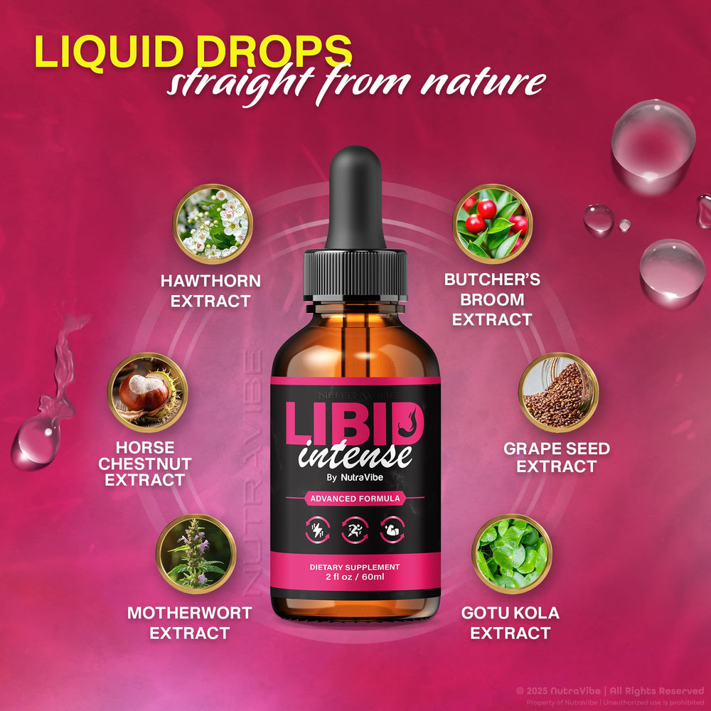 NutraVibe Libid Intense Drops in-use shot suggests effortless daily dosing.