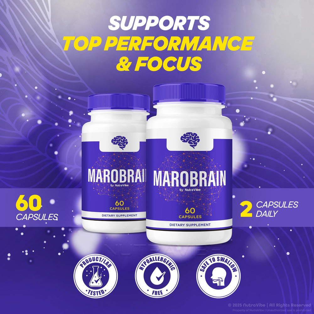 NutraVibe Marobrain bottle label emphasizes natural ingredients for alertness.