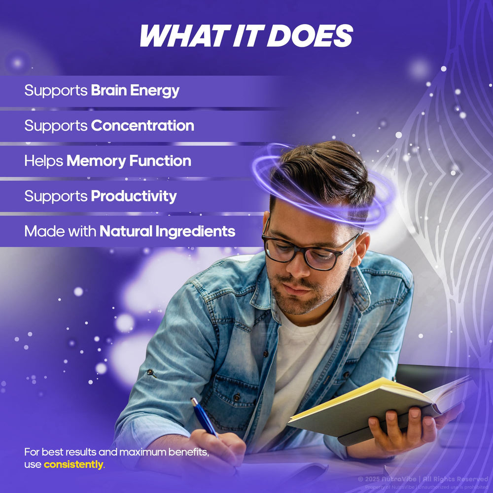 NutraVibe Marobrain capsules scattered on notebook for studying and productivity.