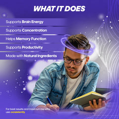 NutraVibe Marobrain capsules scattered on notebook for studying and productivity.