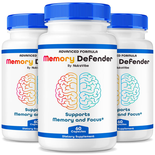 NutraVibe Memory Defender bottle with capsules for easy daily focus.