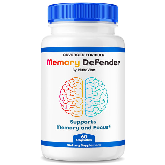 NutraVibe Memory Defender bottle with capsules supports daily focus and steady energy.