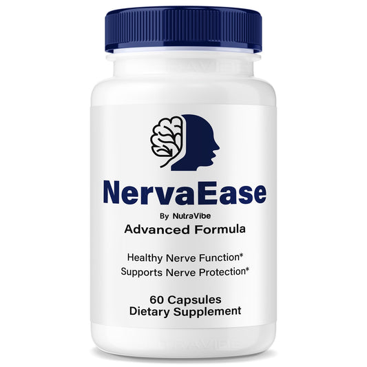 NutraVibe NervaEase bottle close-up showing easy-to-take capsules for daily use
