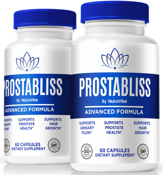 NutraVibe Prostabliss bottle front shows the natural formula for daily wellness.