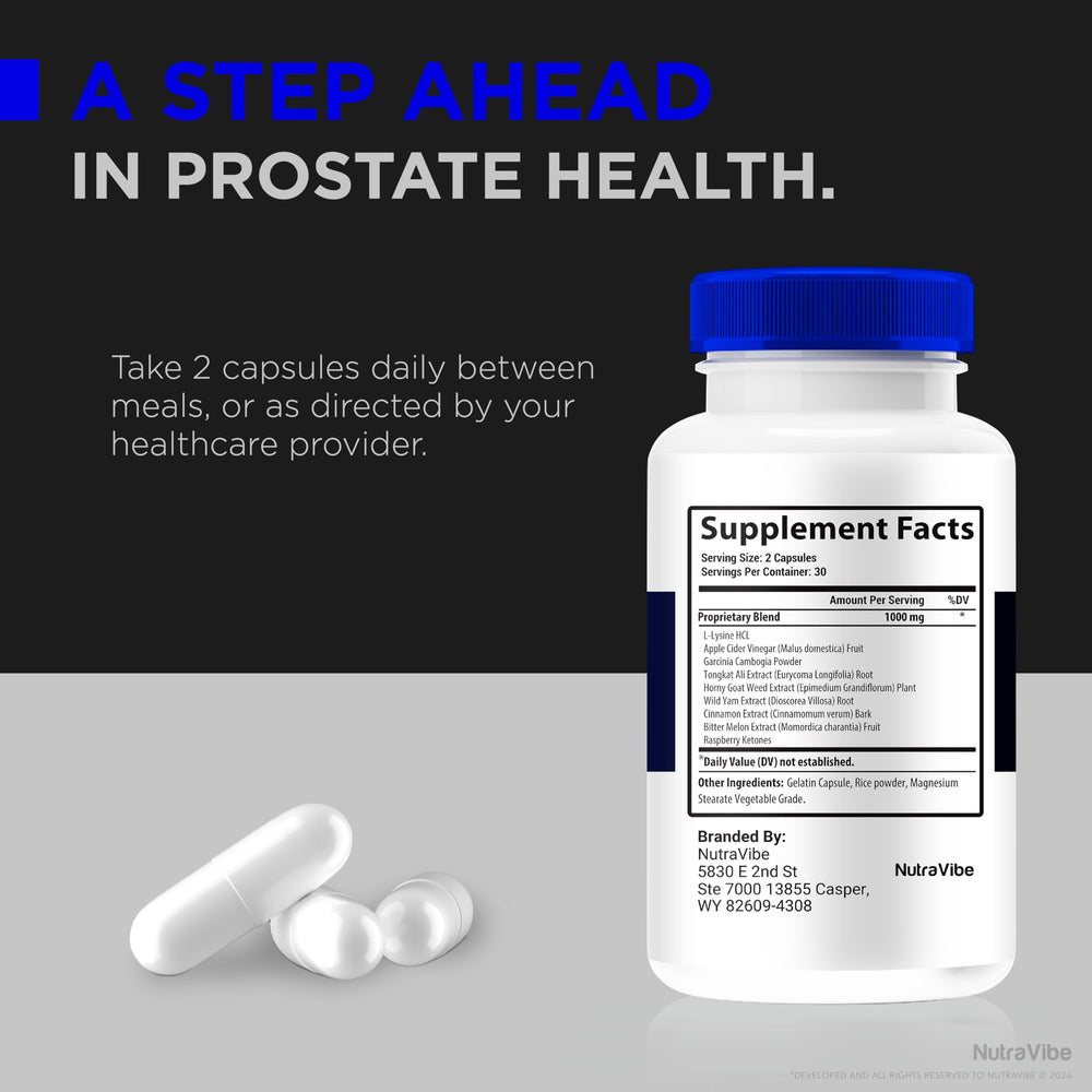 NutraVibe Prostabliss nutrition blend highlights vitamins and minerals for overall health.