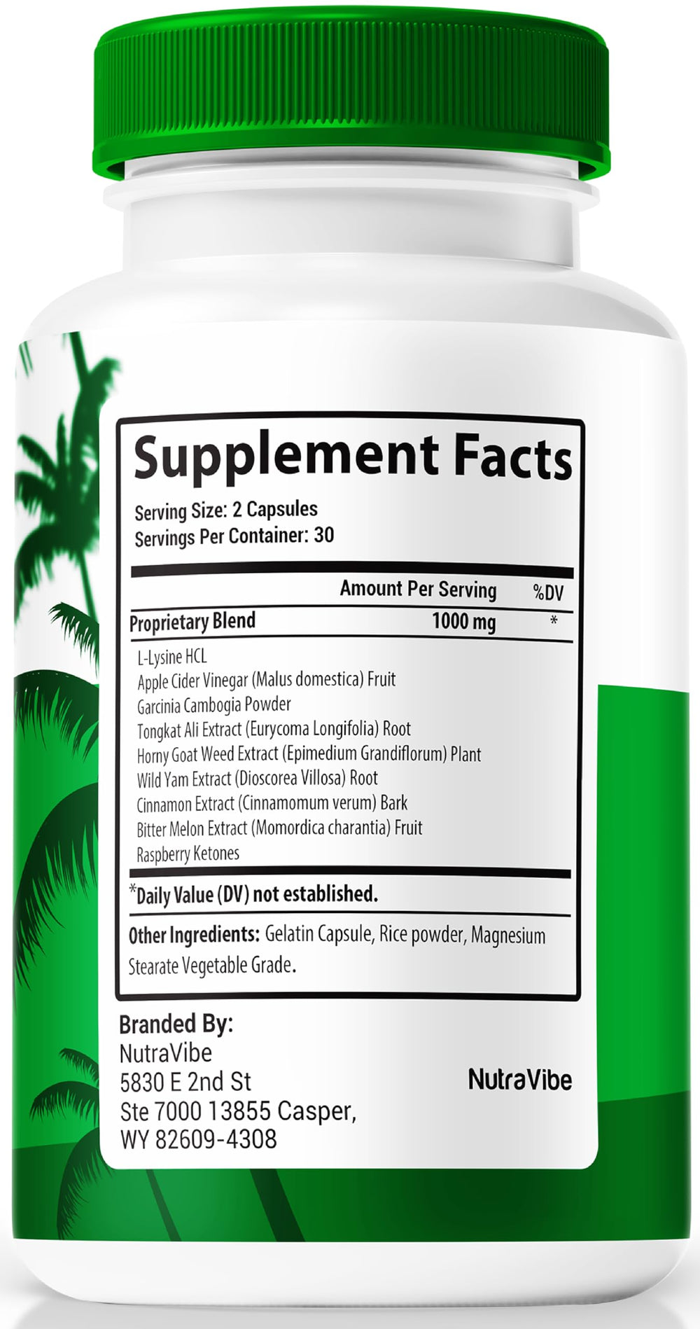 NutraVibe Tropical Rise bottle pour shows capsules for easy daily use.