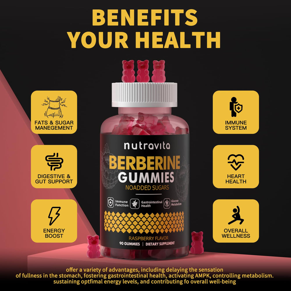 Nutravita Berberine Gummies cinnamon panel highlights 6-in-1 formulation.