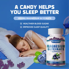 Sugar-free label on Nutravita Magnesium Glycinate Gummies with blueberry flavor and purity focus.