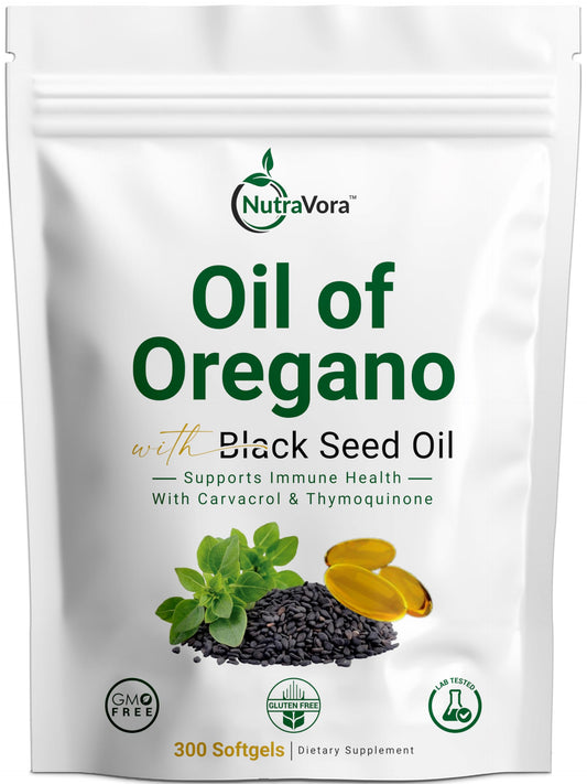 NutraVora Oil of Oregano with Black Seed Oil bottle shows daily immune support in a convenient capsule.
