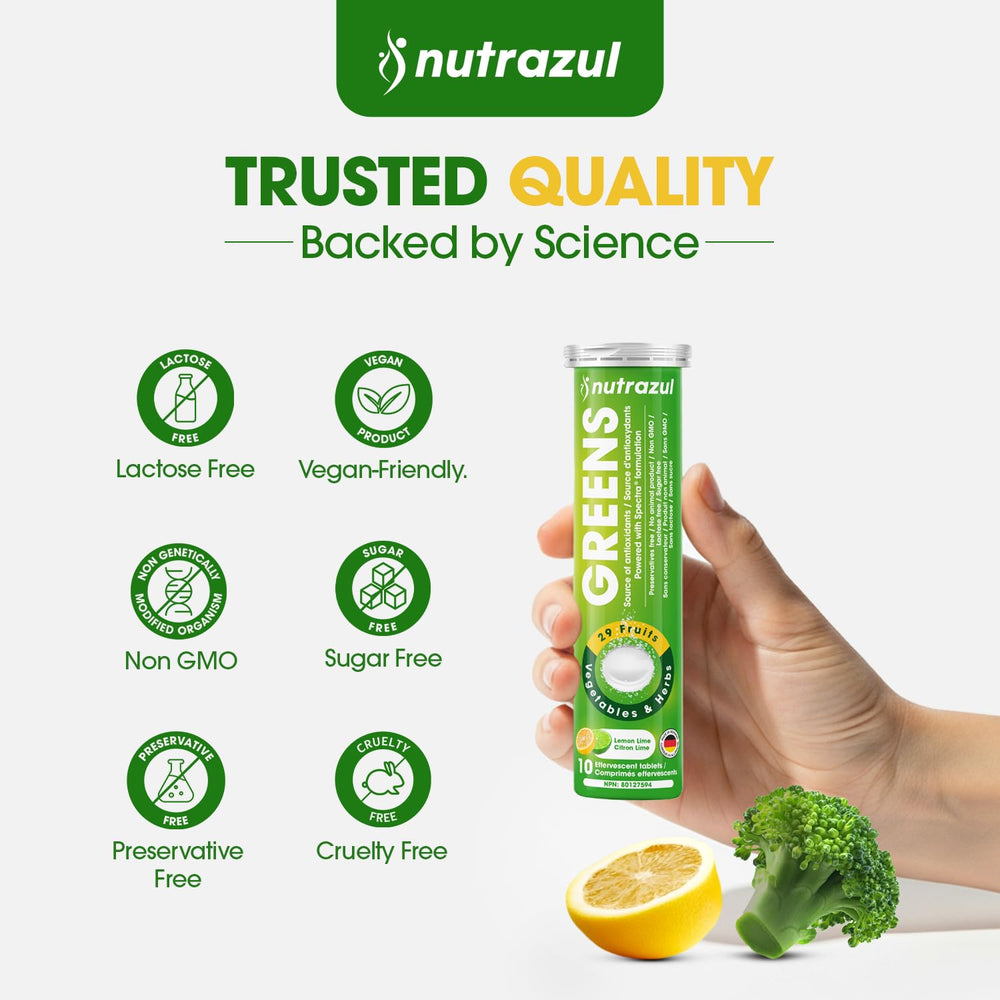 Nutrazul Greens clean formula emphasizing non-GMO and lactose-free features.