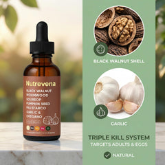 Nutrevena Gut Cleanse liquid being mixed in water for convenient intake.