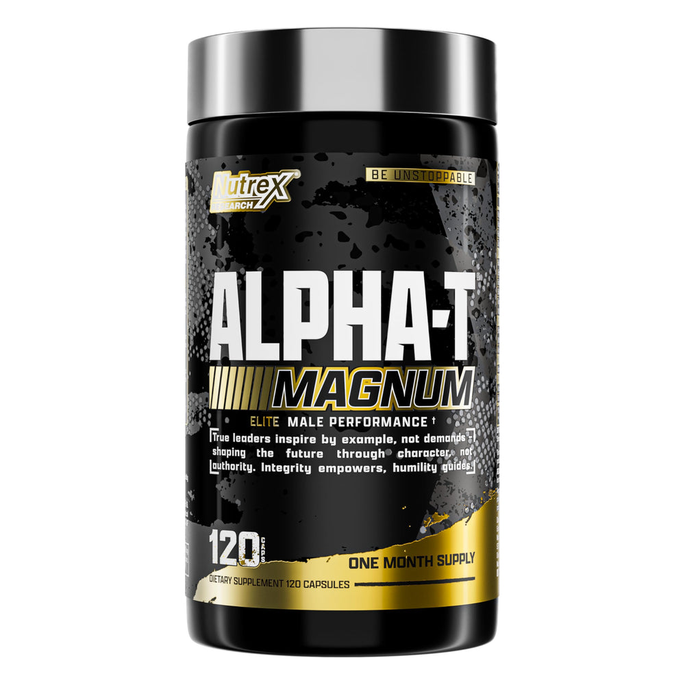 Nutrex Alpha-T Magnum bottle showcasing energy-enhancing testosterone support for workouts