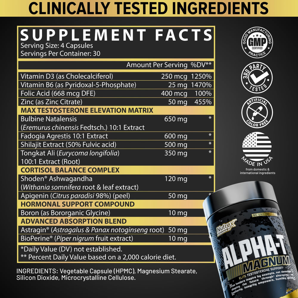 Nutrex Alpha-T Magnum box detailing ingredients, dosage, and user guidance