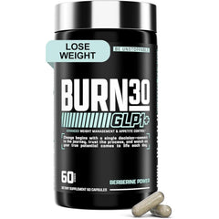 Nutrex Burn30 bottle front showing GLP-1 support benefits for appetite balance