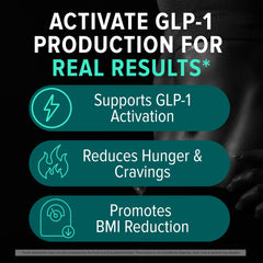 Nutrex GLP-1 label close-up featuring GlucoVantage for metabolism support.