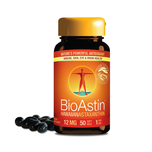 Nutrex Hawaii BioAstin 12mg bottle front, antioxidant support for eyes and skin.