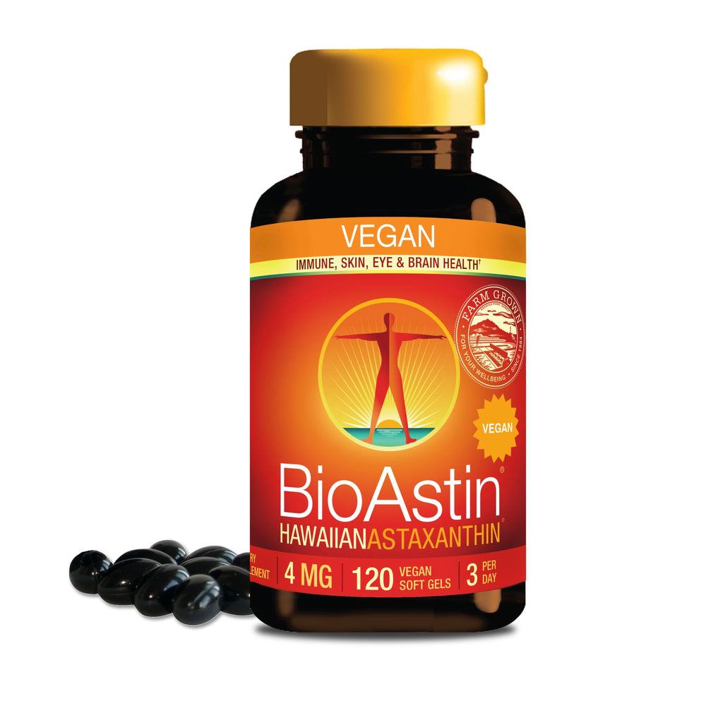 Nutrex Hawaii BioAstin bottle front showing vegan antioxidant benefits