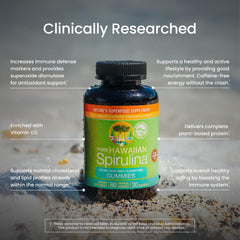 Nutrex Hawaii Spirulina Gummies packaging shows vegan, sugar-free claim for clean daily nourishment.