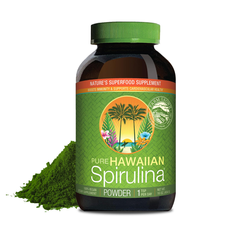 Nutrex Hawaii Pure Hawaiian Spirulina powder bottle ready for daily vegan protein boost.