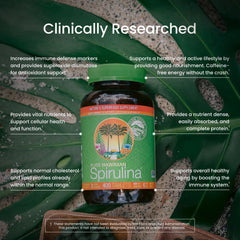 Front packaging of Nutrex Hawaii Spirulina emphasizing farm-grown Kona origin.