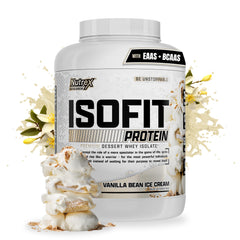 Nutrex IsoFit vanilla-bean-ice-cream scoop shows smooth texture for post-workout recovery.