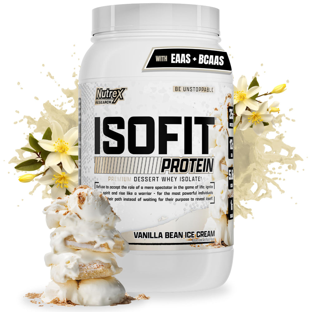 Nutrex IsoFit Vanilla Ice Cream tub showing smooth whey protein isolate for lean muscle.