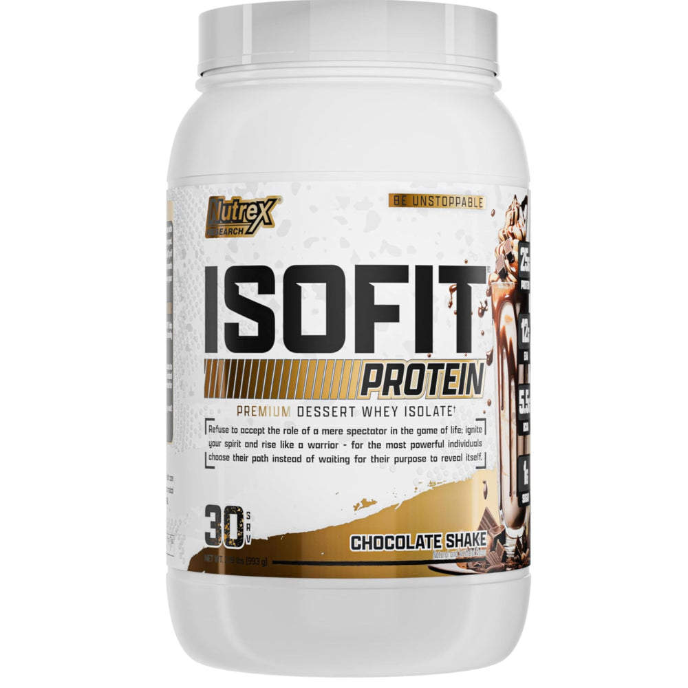 Nutrex IsoFit chocolate whey bottle for post-workout shakes.