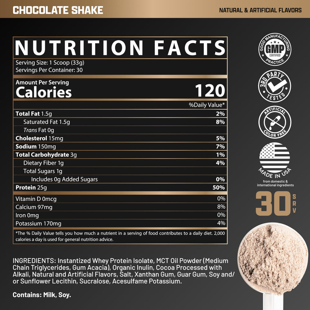 Nutrex IsoFit chocolate powder pouring into a shaker for fast absorption.