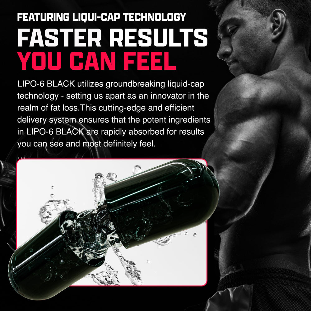Close-up of Lipo-6 Black Max liquid capsules for rapid absorption.
