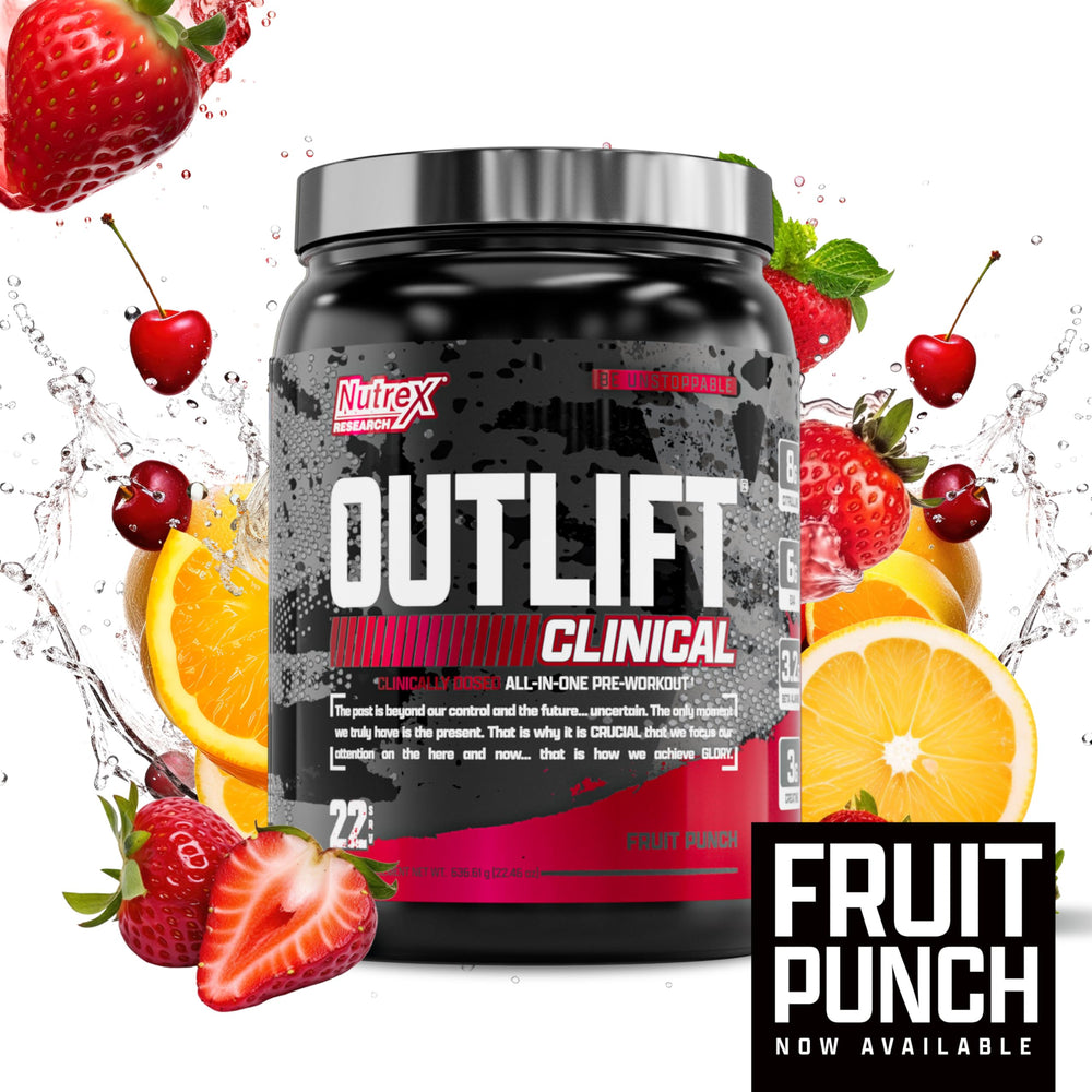 Nutrex Outlift fruit punch glass ready to fuel a gym session.