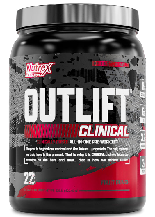 Nutrex Outlift fruit punch tub visible for workouts and flavor appeal.