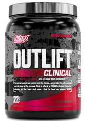 Nutrex Outlift fruit punch tub visible for workouts and flavor appeal.