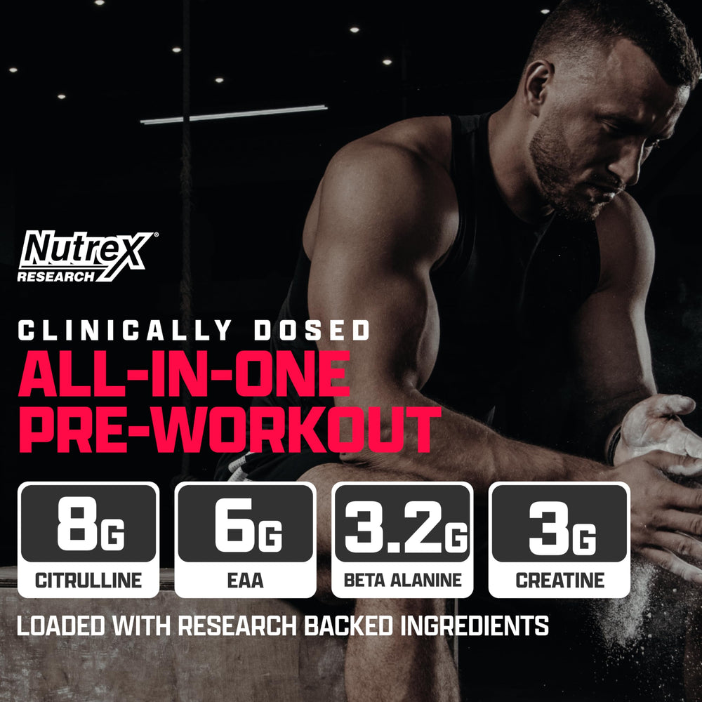 Nutrex Outlift powder scoop ready to mix for energy and endurance.