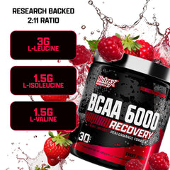 Nutrex Research BCAA Powder 6000 mixed with fruit punch in glass for endurance support.
