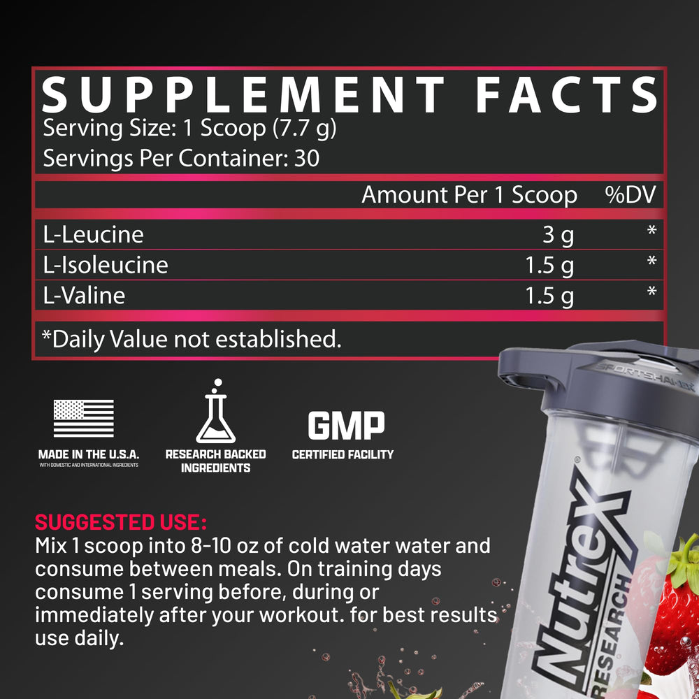 Nutrex Research BCAA Powder 6000 label close-up highlighting zero sugar formula.
