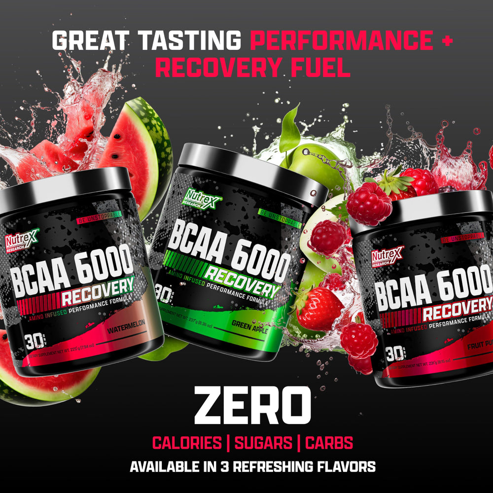 Nutrex Research BCAA Powder 6000 tub on gym counter for convenient daily use.