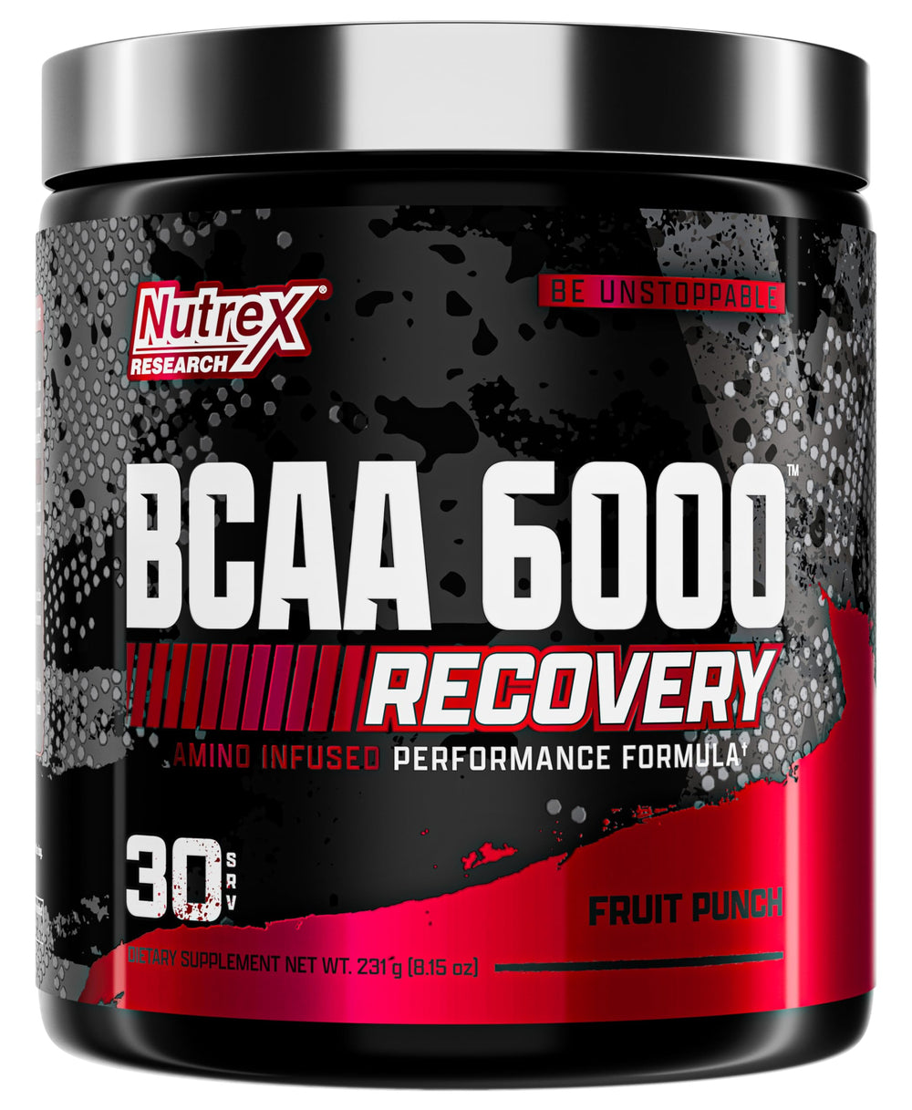 Nutrex Research BCAA Powder 6000 fruit punch tub ready for recovery support.