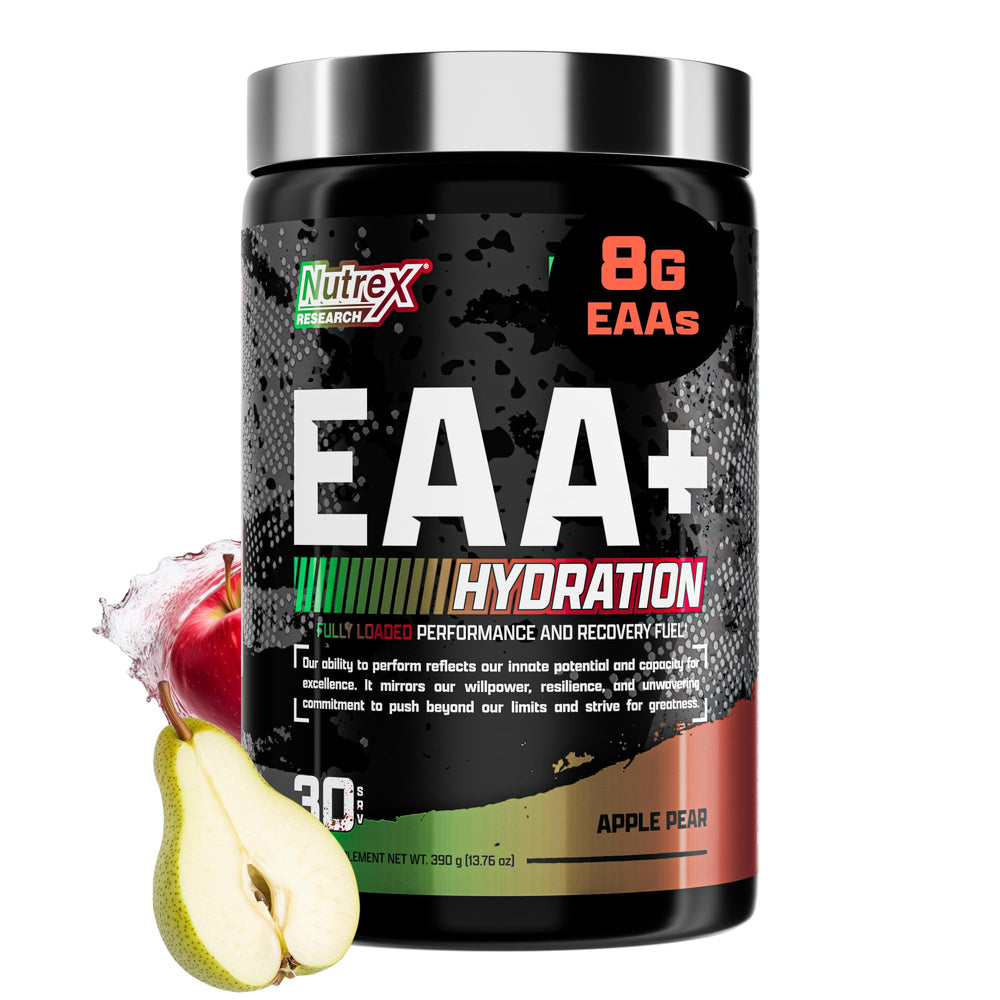 Nutrex Research EAA Hydration Apple Pear tub closeup highlighting flavor and formula benefits