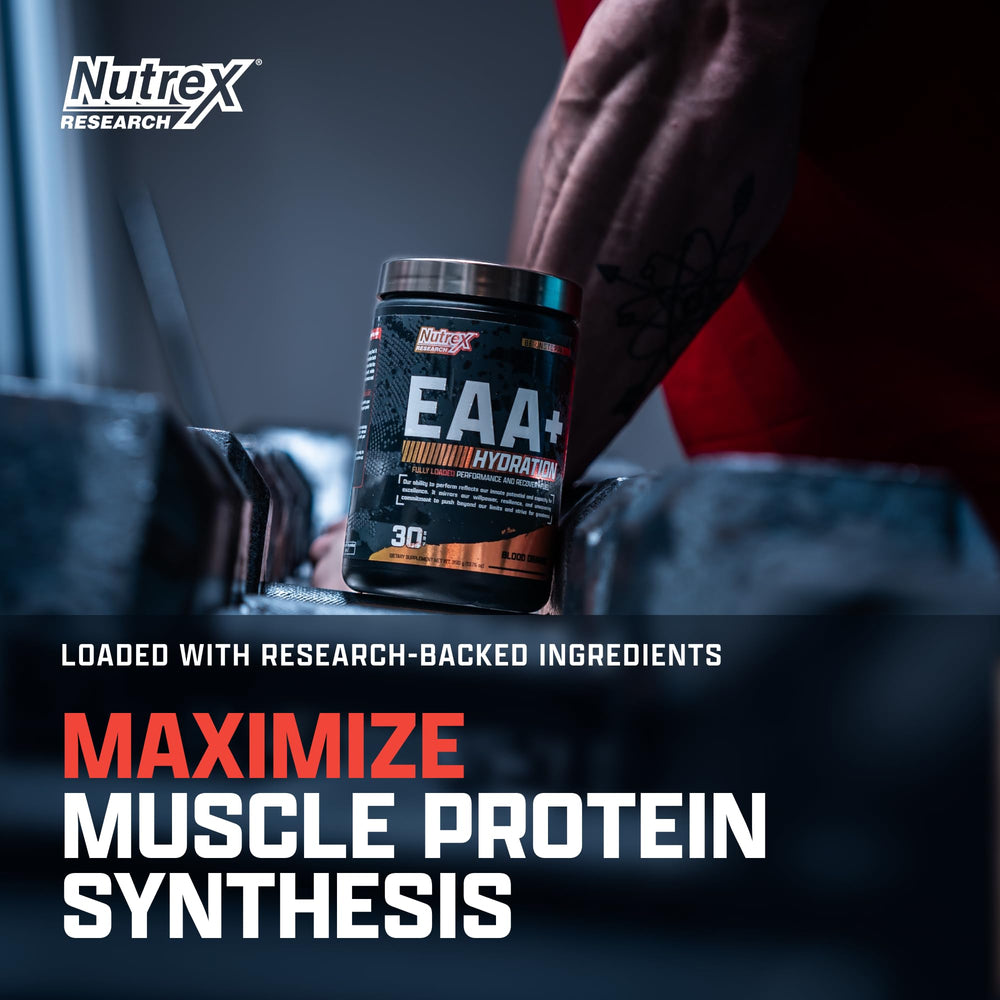 Nutrex Research EAA Hydration glass with dissolved drink emphasizing hydration and flavor.