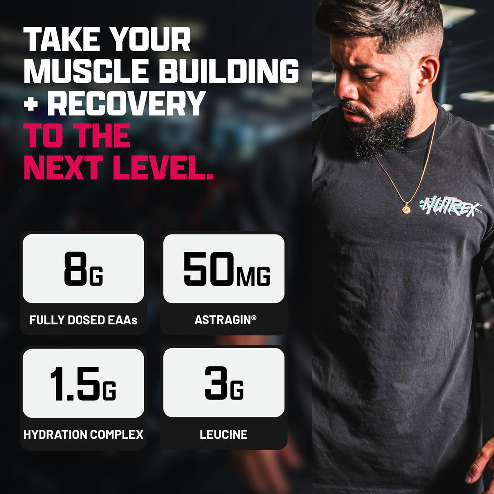 Nutrex Research EAA Hydration powder being poured during a workout session