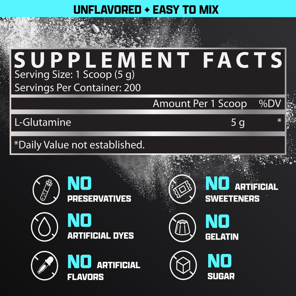 Nutrex Research L-Glutamine nutrition label close-up emphasizing ingredient transparency.