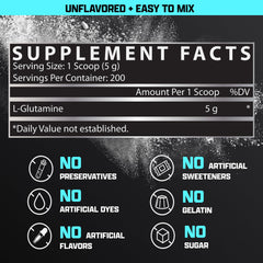 Nutrex Research L-Glutamine nutrition label close-up emphasizing ingredient transparency.
