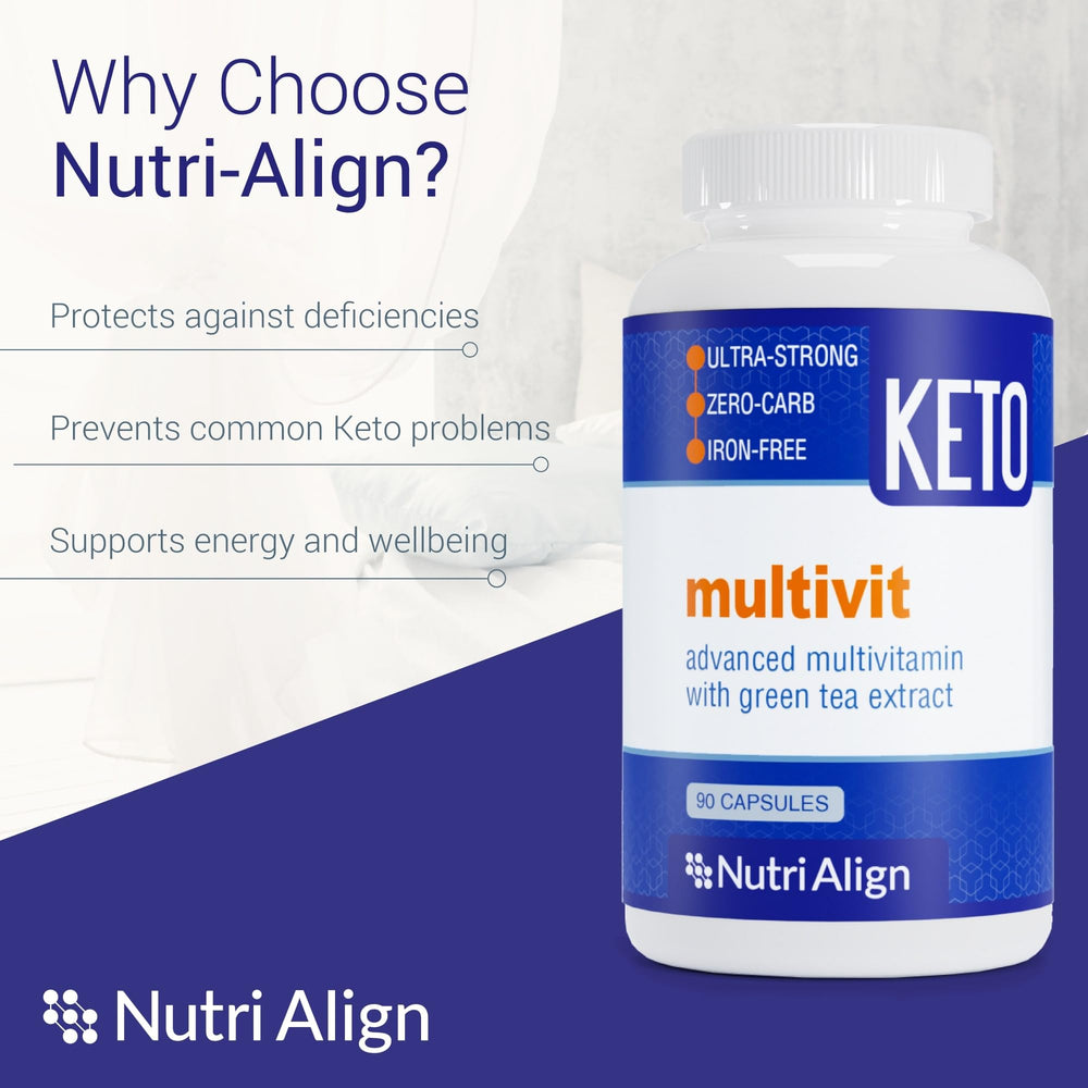 Nutri-Align Keto Multivit capsules close-up highlighting chromium and green tea extract.